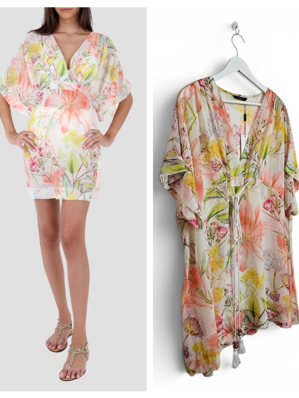Zingara Malu Poncho M/L Swim Cover Up Dress Floral Boho Resort Coral Yellow NWT